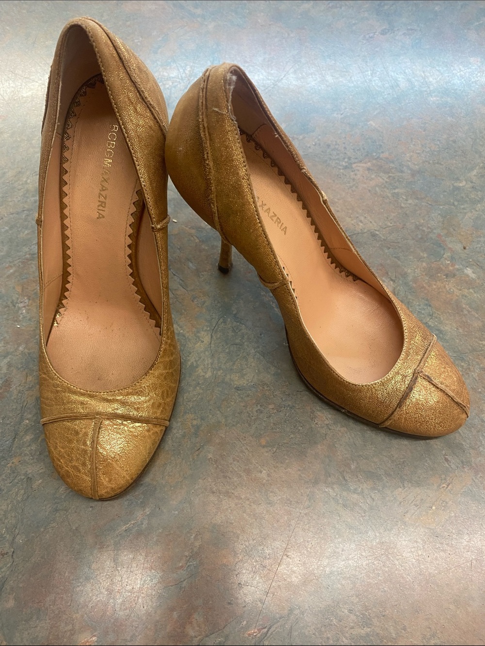 BCBGMaxAzria Metallic Gold Leather Pointed Toe Heels